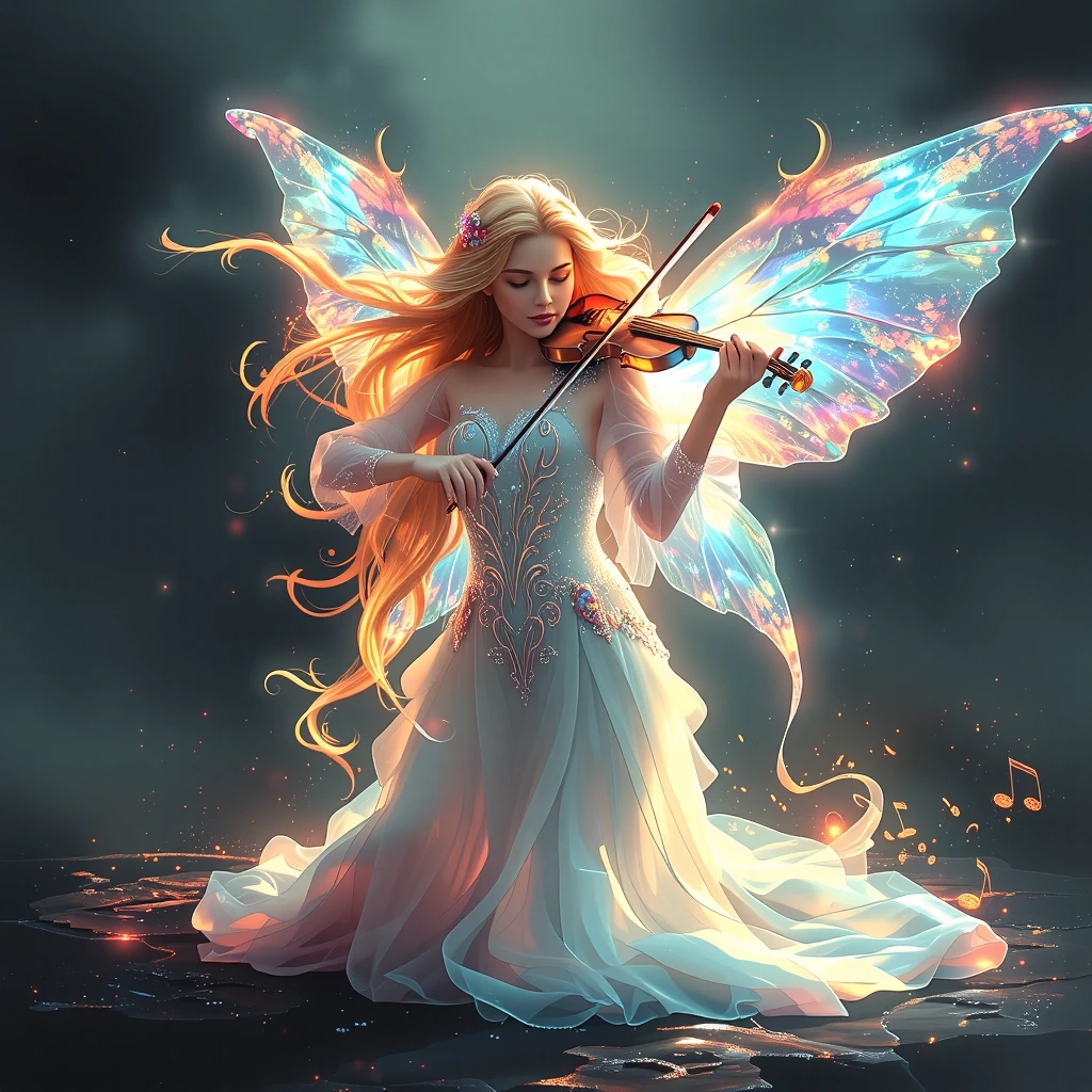 Celestial fairy violinist in ecstasy, kneeling in void, luminous crystalline violin emitting swirling musical notes, long voluminous blonde curls with rose-gold tones, translucent aurora wings, ethereal flowing dress, glowing stardust particles, dram