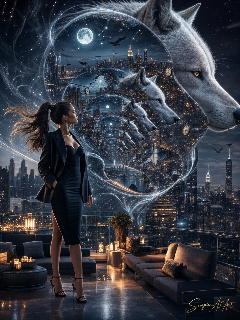 Create a hyper-realistic cinematic double exposure masterpiece featuring the majestic profile of a powerful white wolf seamlessly intertwined with the breathtaking New York City skyline. The wolf’s silhouette becomes an endless portal of infinite rec