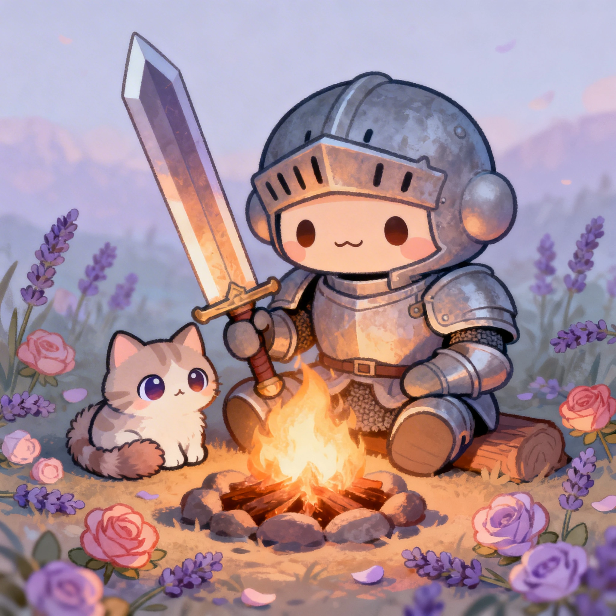 Dark Souls knight with a cat at a campfire. Huge sword, kawaiicore, roses and lavender