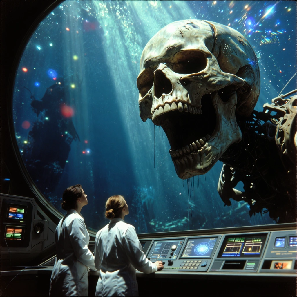 An ultra-realistic and extremely detailed cinematic photograph, taken from the observation bay of a huge, futuristic underwater research station. An a