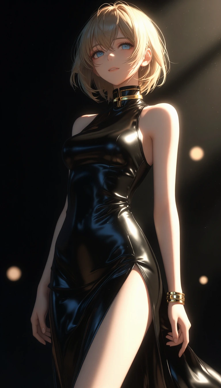 a digital drawing in an anime style, featuring a young woman with a fair complexion and short, wavy blonde hair. She has striking blue eyes and a gentle smile, she is wearing a sleek, black, sleeveless dress with a high neckline and a slit on the lef