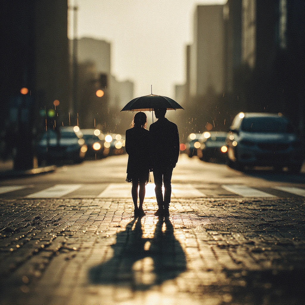 Two strangers sharing a single umbrella at a busy urban crosswalk during golden hour rain, their shoulders barely touching, soft bokeh of traffic lights reflecting in wet pavement, intimate distance between them, gentle rain falling, warm glowing str