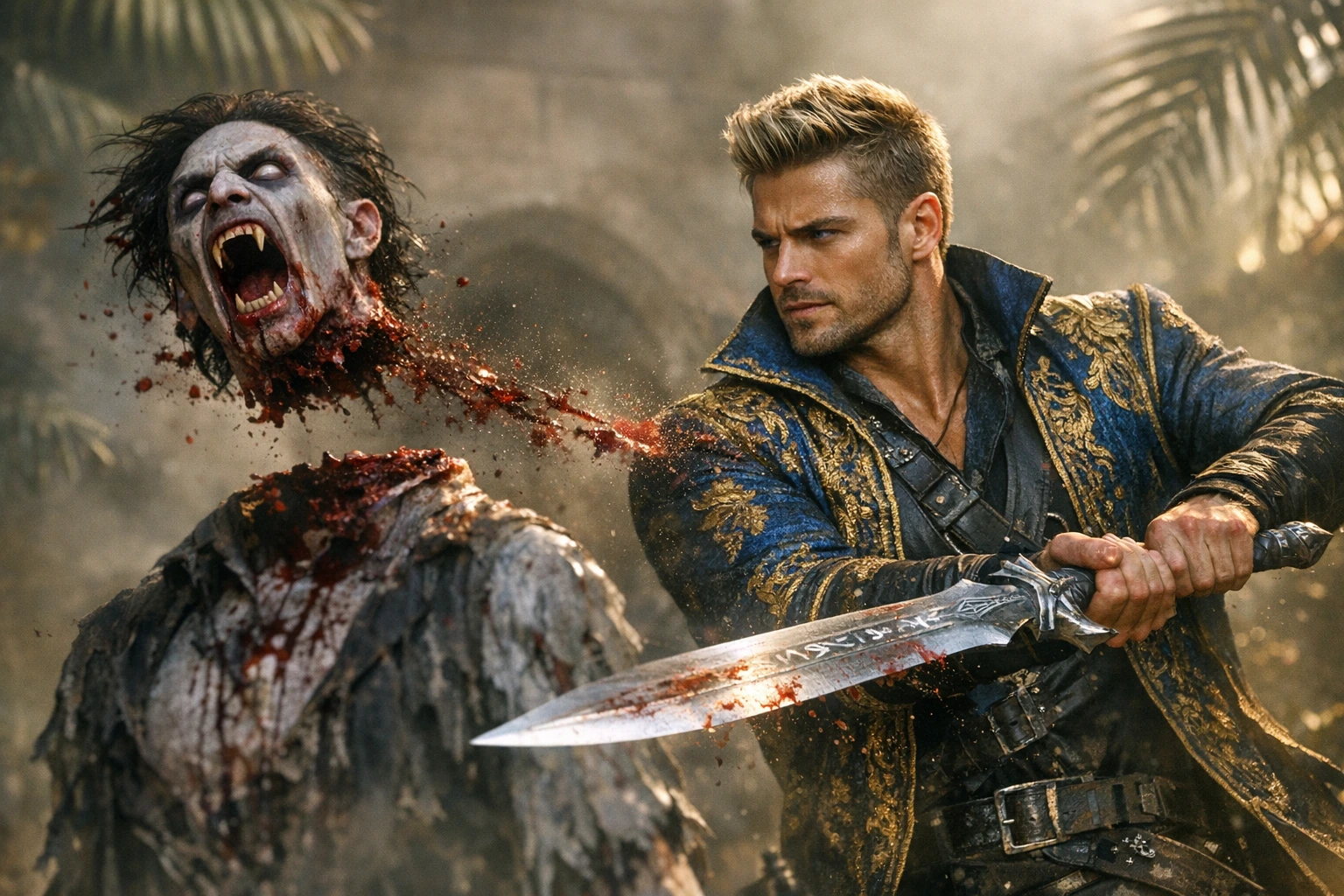 Image captures a hyper-muscular, blonde handsome Vampire Hunter with short quaffed hair and designer stubble and ice blue eyes dressed in elaborate embroidered rich azure & golden fabric decapitating a pallid Ghoulish Vampire with a silver bladed lea