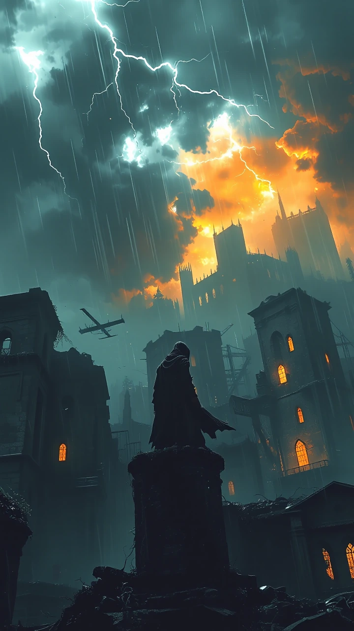 A lone figure in tattered cloak stands at the edge of a toppled tower pillar in a sprawling ruined metropolis, rain hammering down at a sharp diagonal angle, lightning branching across charcoal clouds in a single brilliant white flash that casts star