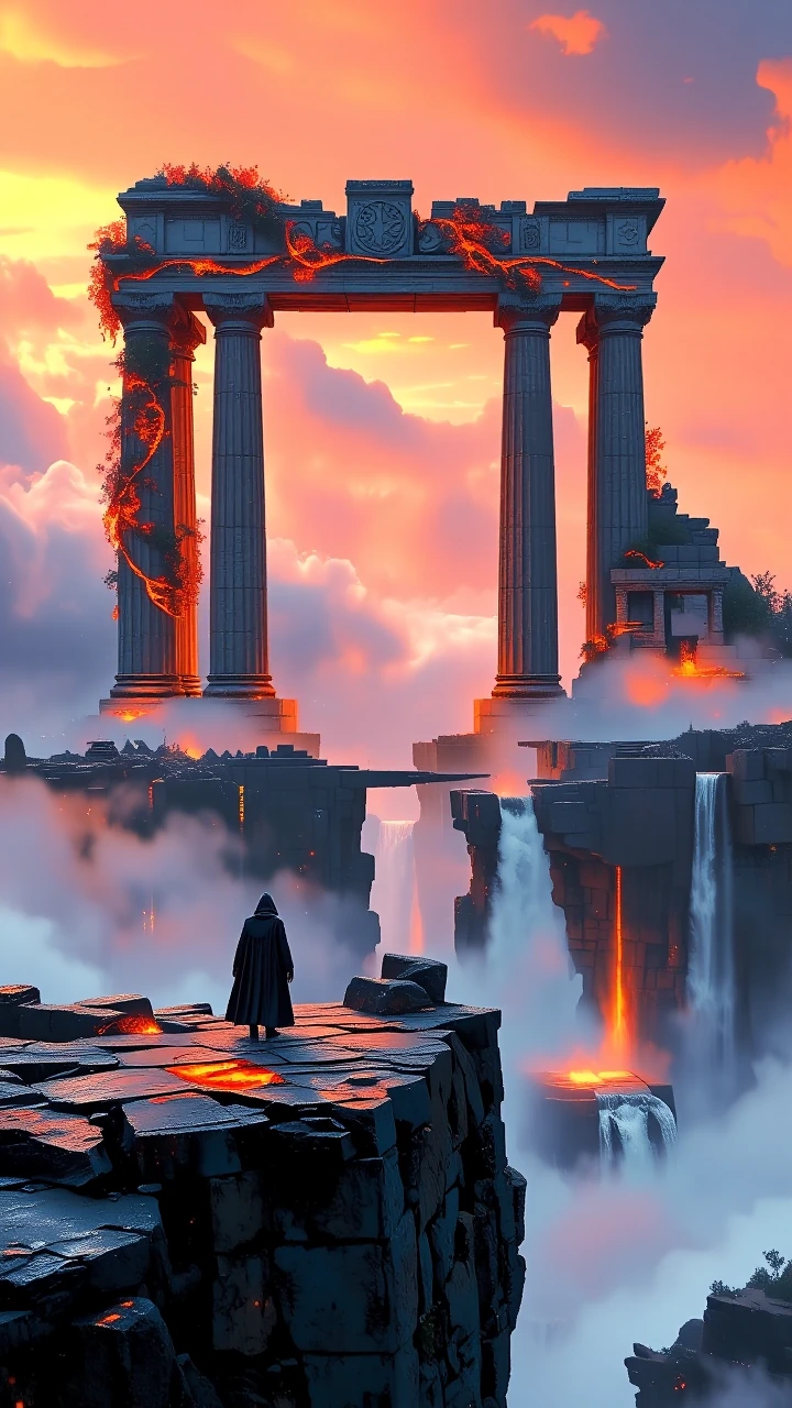 A lone figure in a dark cloak stands at the precipice of a colossal ruined temple suspended in clouds, its stone surfaces tangled with luminescent vines and carved runes that glow amber. Fragmented temple platforms drift in the vast sky around them. 