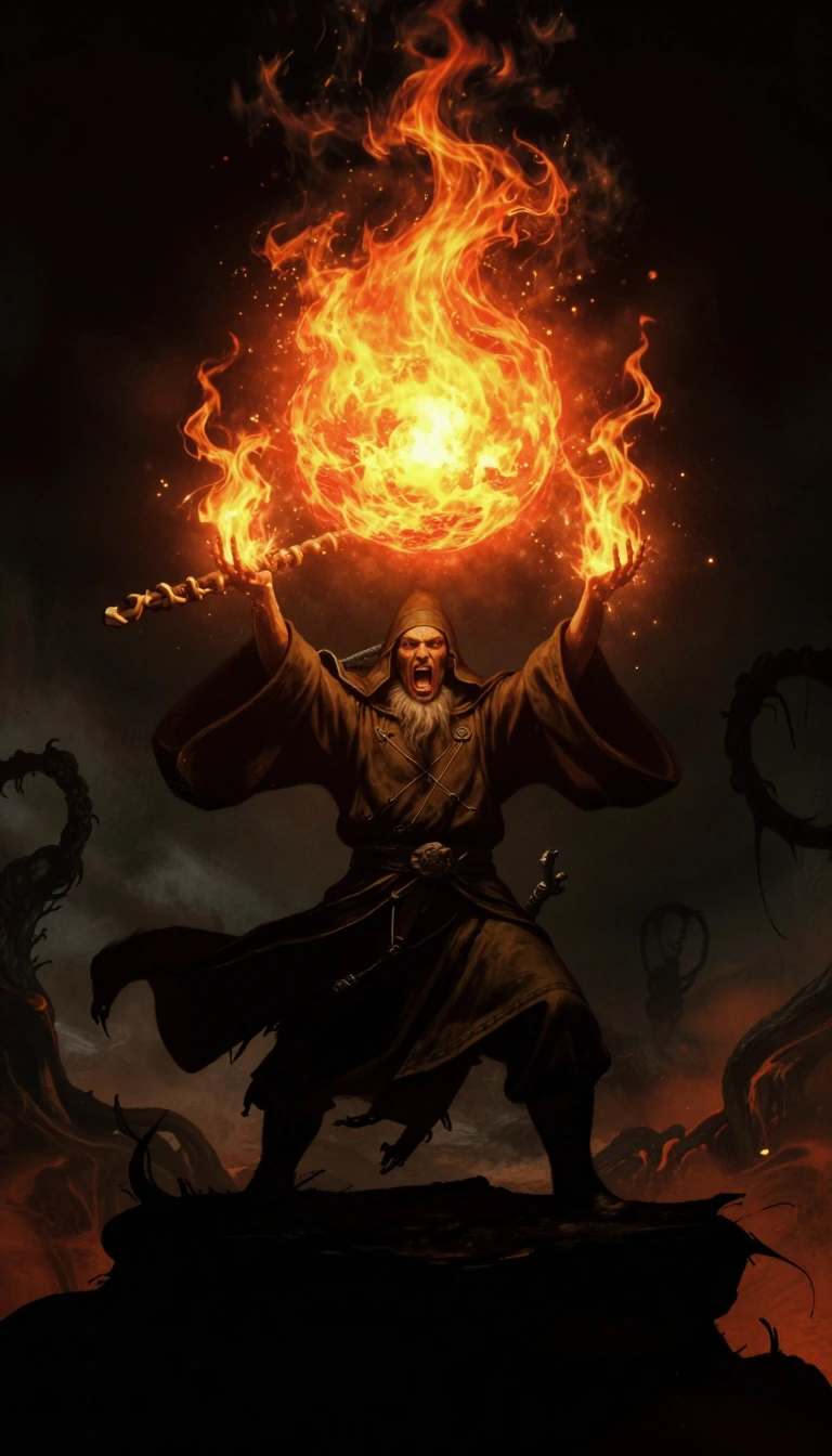 Super angry ancient wizard on an elevated surface in a hellish landscape with both arms raised with a staff. The wizard is gathering fire magic to summon a huge fireball.