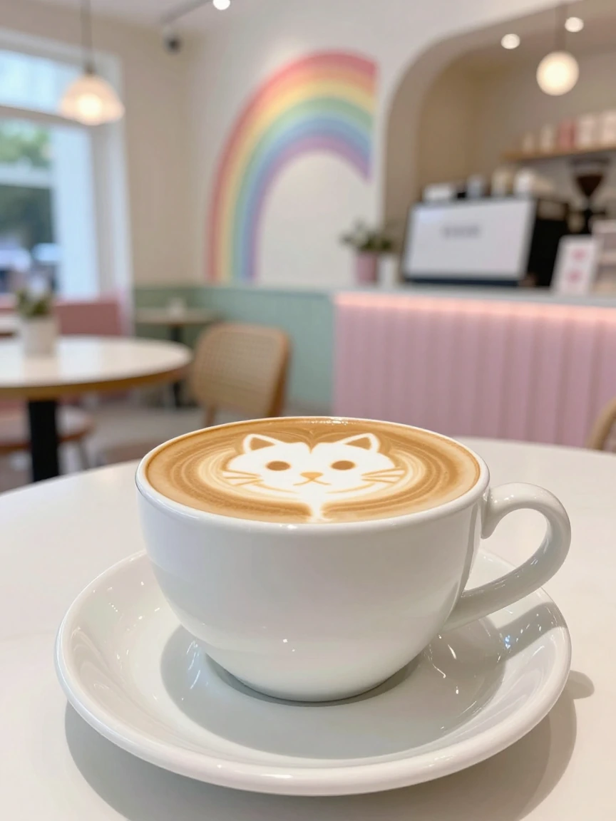 Beautiful cat latte, pastel rainbow ambience, cafe background