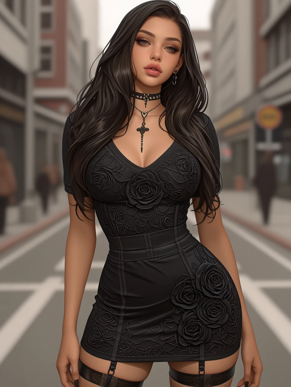 blackwork roses a woman in a blackwork roses minidress in the streets, daz3d