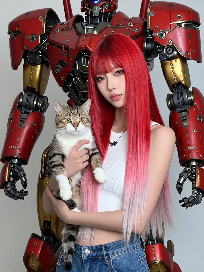 beautiful woman red pink platinum ombre hair, with a cat, standing in front of a large mech, red gold acid-washed metal