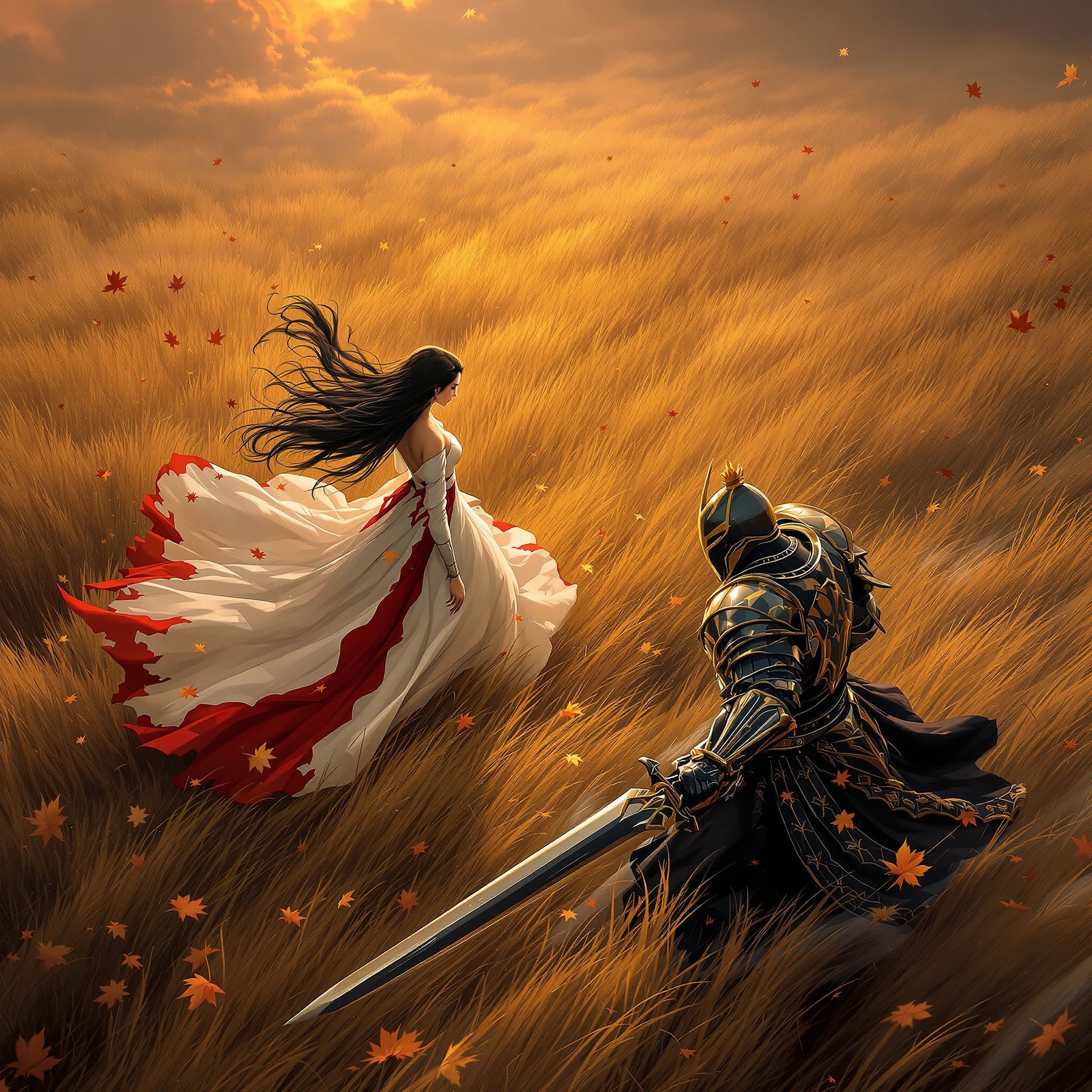 Cinematic illustration, high-angle bird's-eye view of an epic standoff at dawn. A fierce female ronin with long flowing dark hair stands in a powerful martial arts stance, wielding a katana. She wears a long elegant white dress with flowing red accen