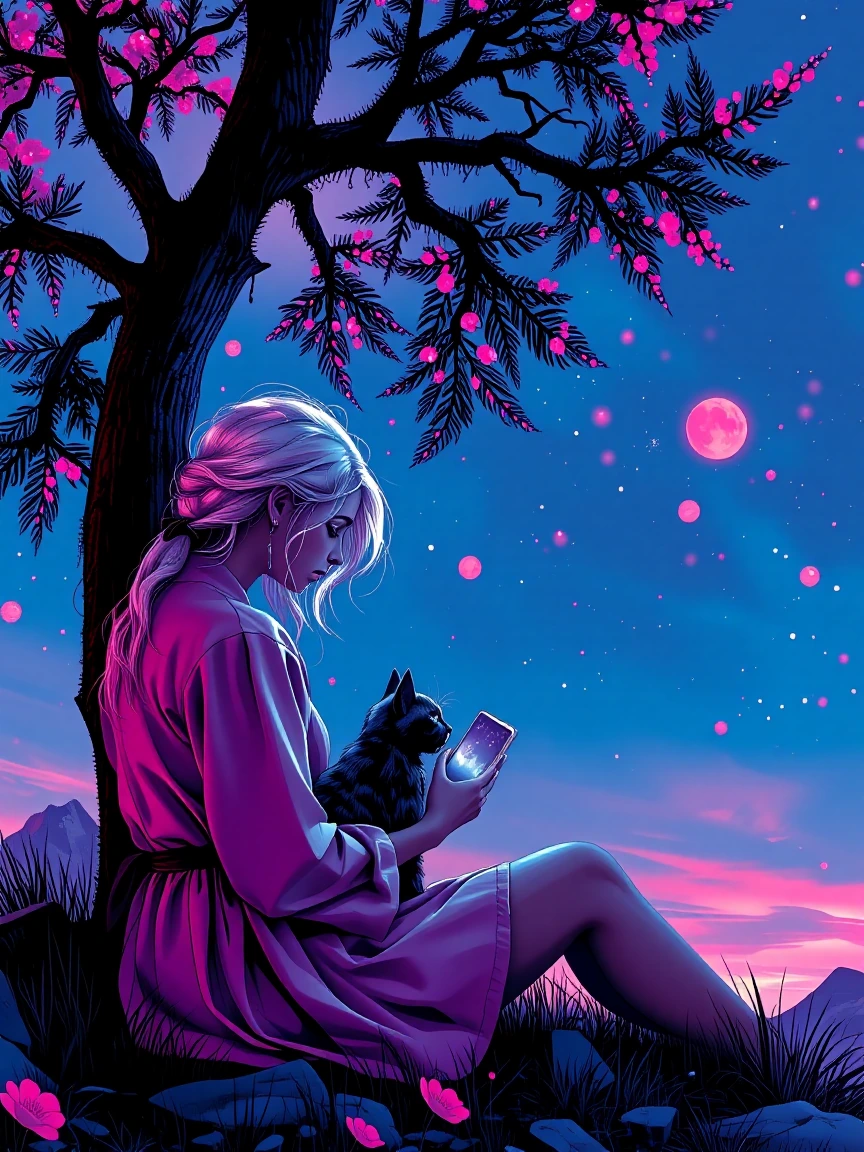 Bright folk art style. Beautiful nighttime sky, woman, platinum pastel hair with her cat sitting under a tree looking at the stars. Closeup view, but expensive skies. Violet, muted blue, muted dusty, rose, dark shadows, luminism. Starry skies
