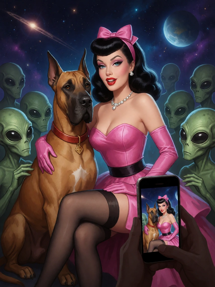 Retro glam woman getting photographed with her great dane in space surrounded by adoring aliens.