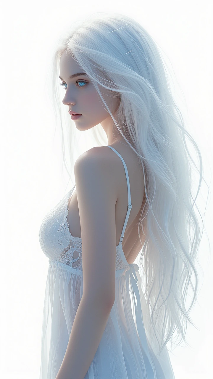 An ethereal young woman with long flowing white hair and vivid icy-blue eyes, side-profile pose looking back over her shoulder, calm enigmatic expression, wearing a delicate semi-transparent white lace nightgown with thin straps and a small ribbon at