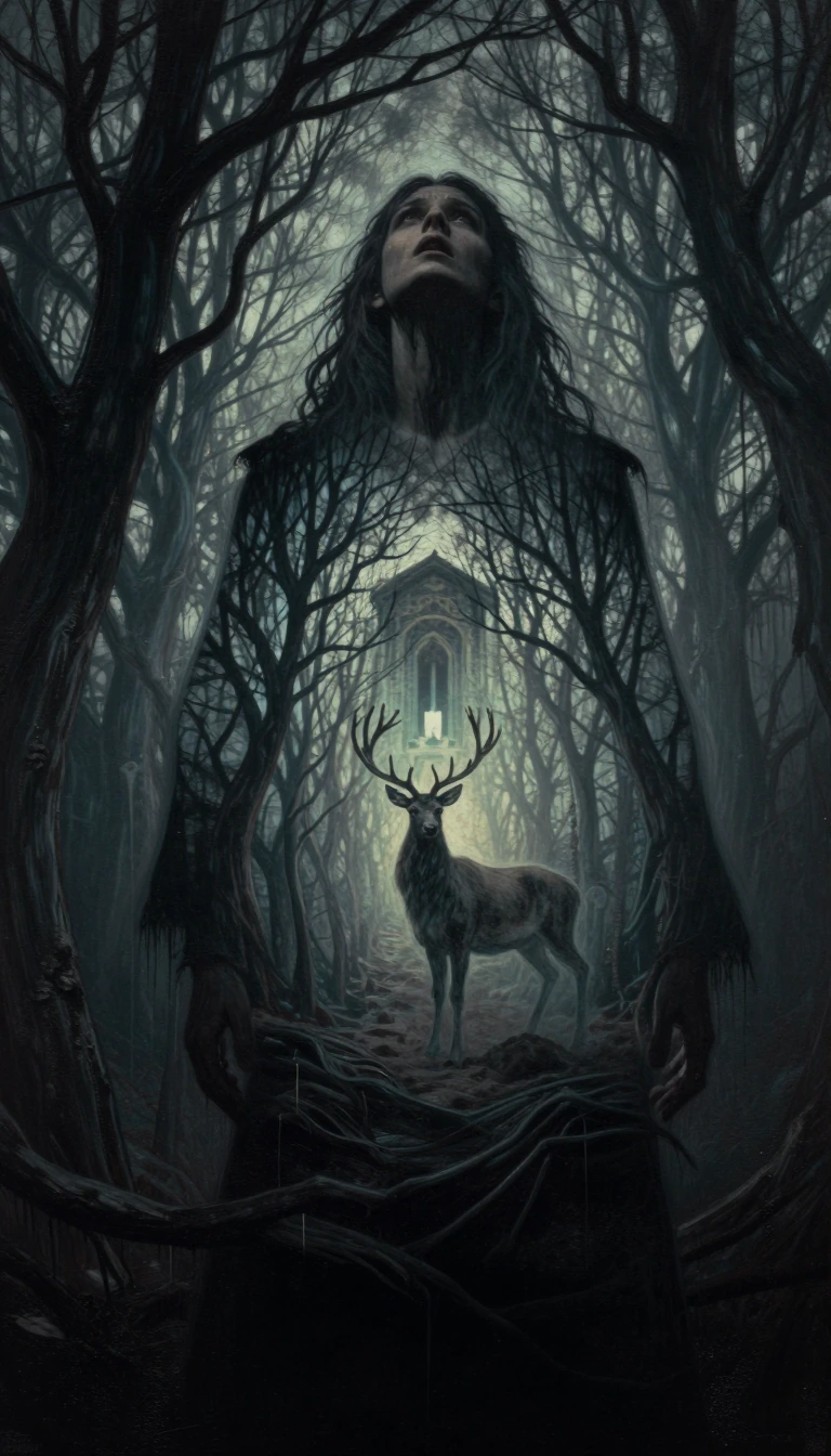 A haunting double-exposure photograph. The central figure is that of a shaman-wizard, his head thrown back as if imploring the heavens, expressing raw despair. Superimposed over his silhouette and the background, we glimpse a desolate, abandoned sanc