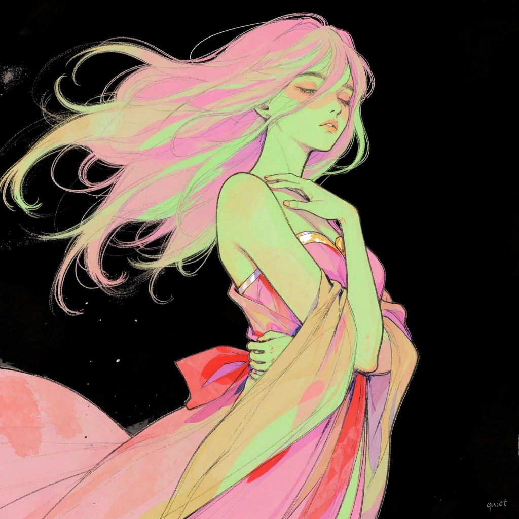 masterpiece, best quality, score_9, score_8, score_7, highres, newest, This image is a digital artwork featuring a surreal, abstract depiction of a woman with a strikingly unique appearance. The woman is shown from the waist up, with her head turned 