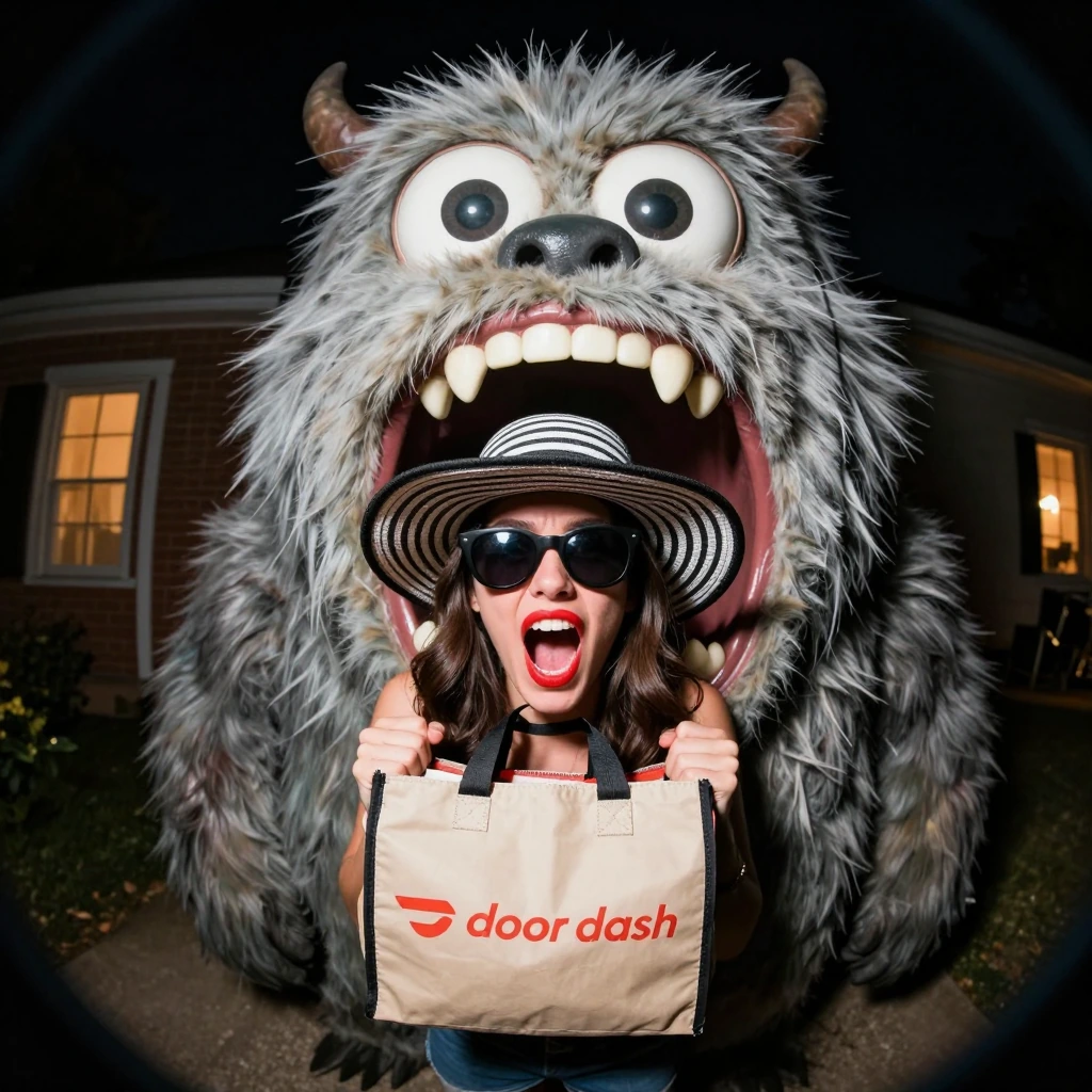a brunette woman scared screaming wearing a black and black striped wide brimmed hat sunglasses red lipstick holding a "door dash" bagin gigantic furr