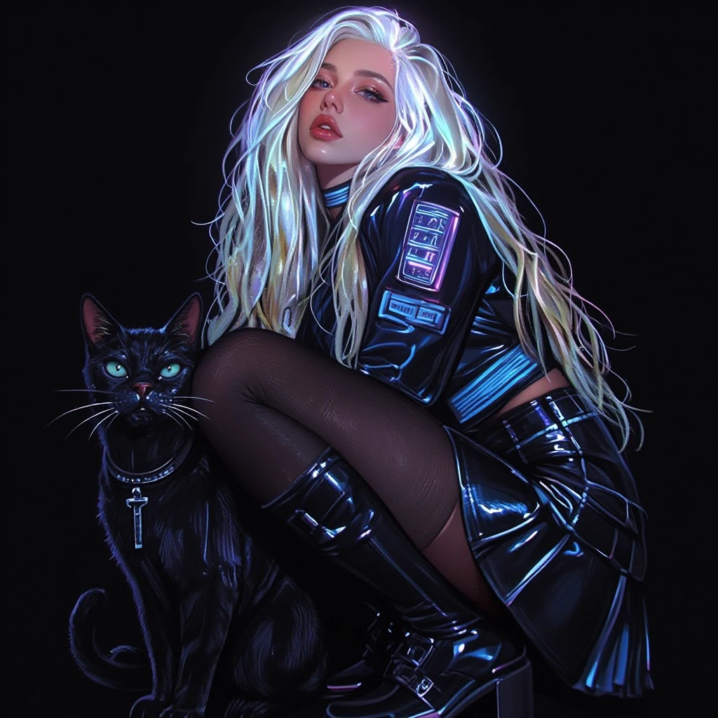 Beautiful woman luminous hair, miniskirt and boots, with cat, black background