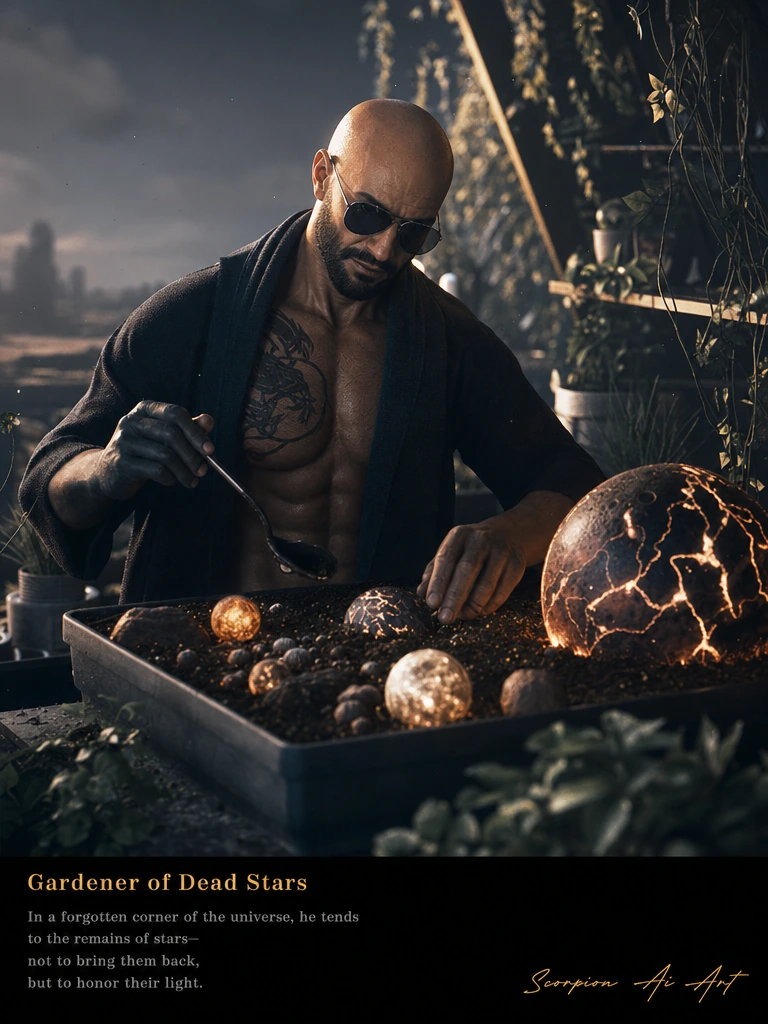 A bald man with trimmed beard and sunglasses is a gardener of dead stars, sexy art style, add signature: Scorpion Ai Art