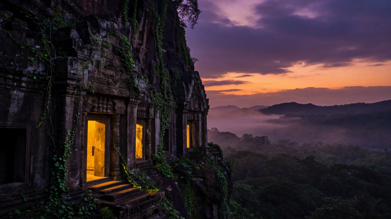 a massive ancient temple carved into a mountainside at dusk, glowing bioluminescent vines crawling across weathered stone, warm amber light spilling from doorways, mist rolling through the valley below, dramatic sky with deep purples and oranges blee