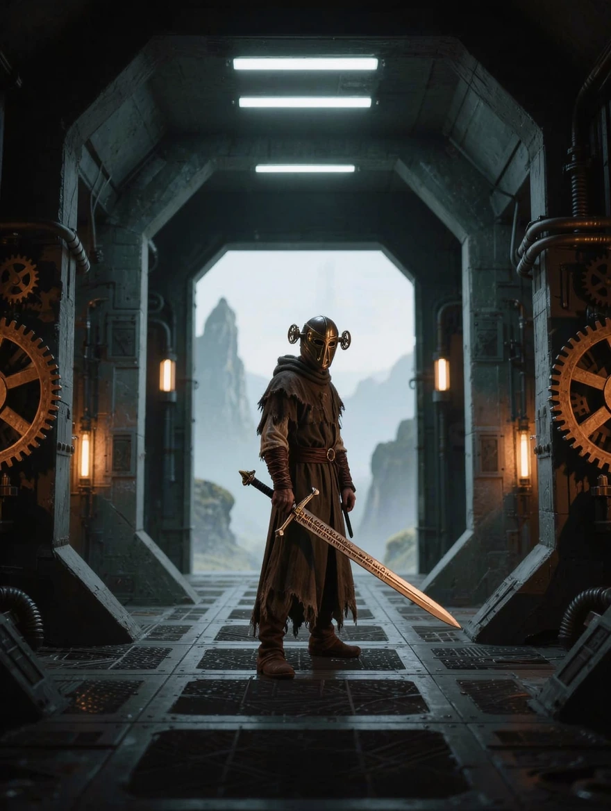 A lone figure in tattered medieval robes stands in a vast brutalist concrete chamber, the floor a geometric grid of industrial panels. Their face is obscured by a leather mask studded with brass mechanisms and small spinning cogs at the temples. Behi