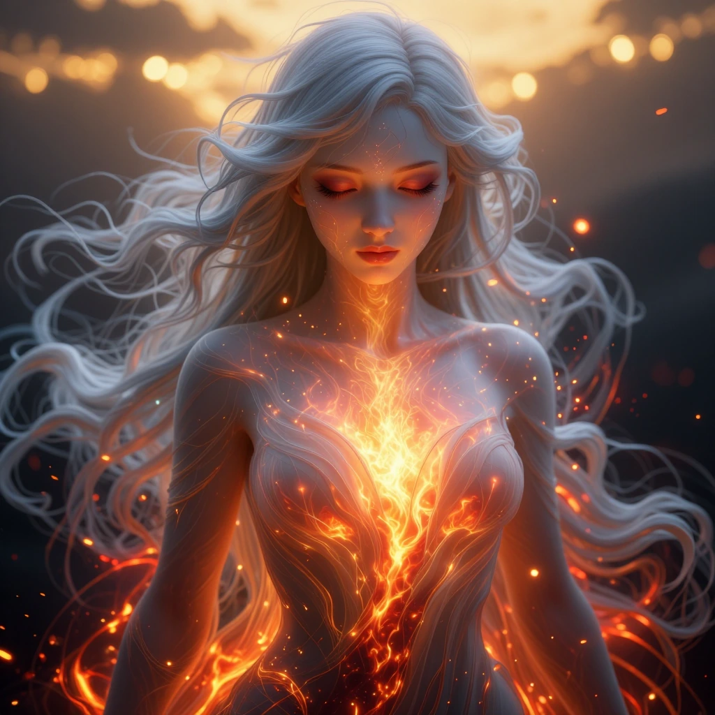 ethereal woman with luminous fire blazing within her translucent chest, glowing amber and crimson light radiating from her core, dreamlike surreal atm