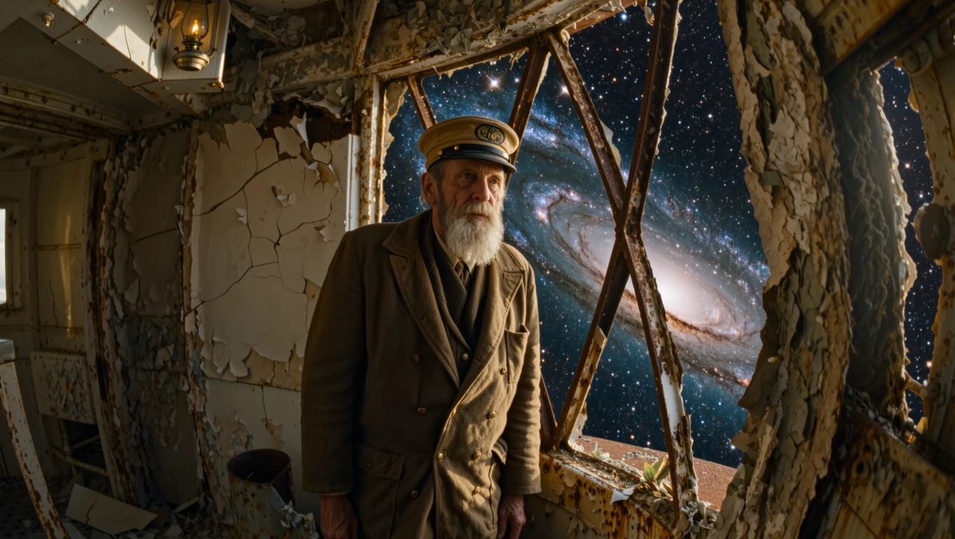 haggard elderly lighthouse keeper, weathered face deep wrinkles white beard, worn 1940s mariner coat and cap, standing inside crumbling dilapidated retro lighthouse interior, cracked walls peeling paint rusted metal, dimly lit by faint oil lamp, gazi