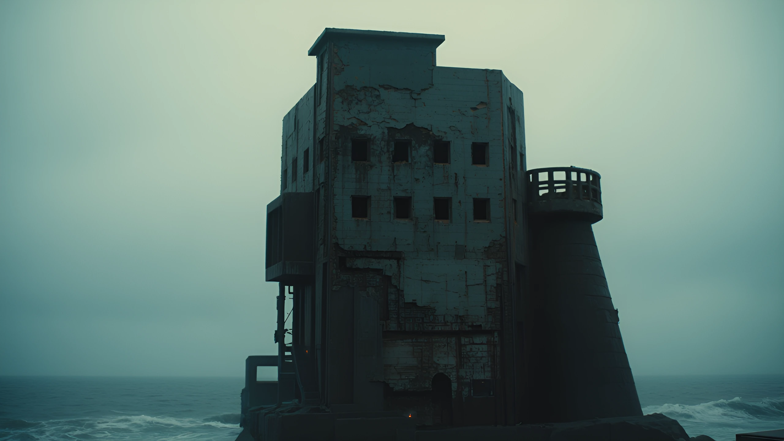 A massive, decaying brutalist concrete monolith rising from a dark, silent ocean under a heavy, overcast sky. Low-key cinematic lighting, deep shadows, raw concrete texture with water stains, a single tiny, flickering red light at the structure's bas