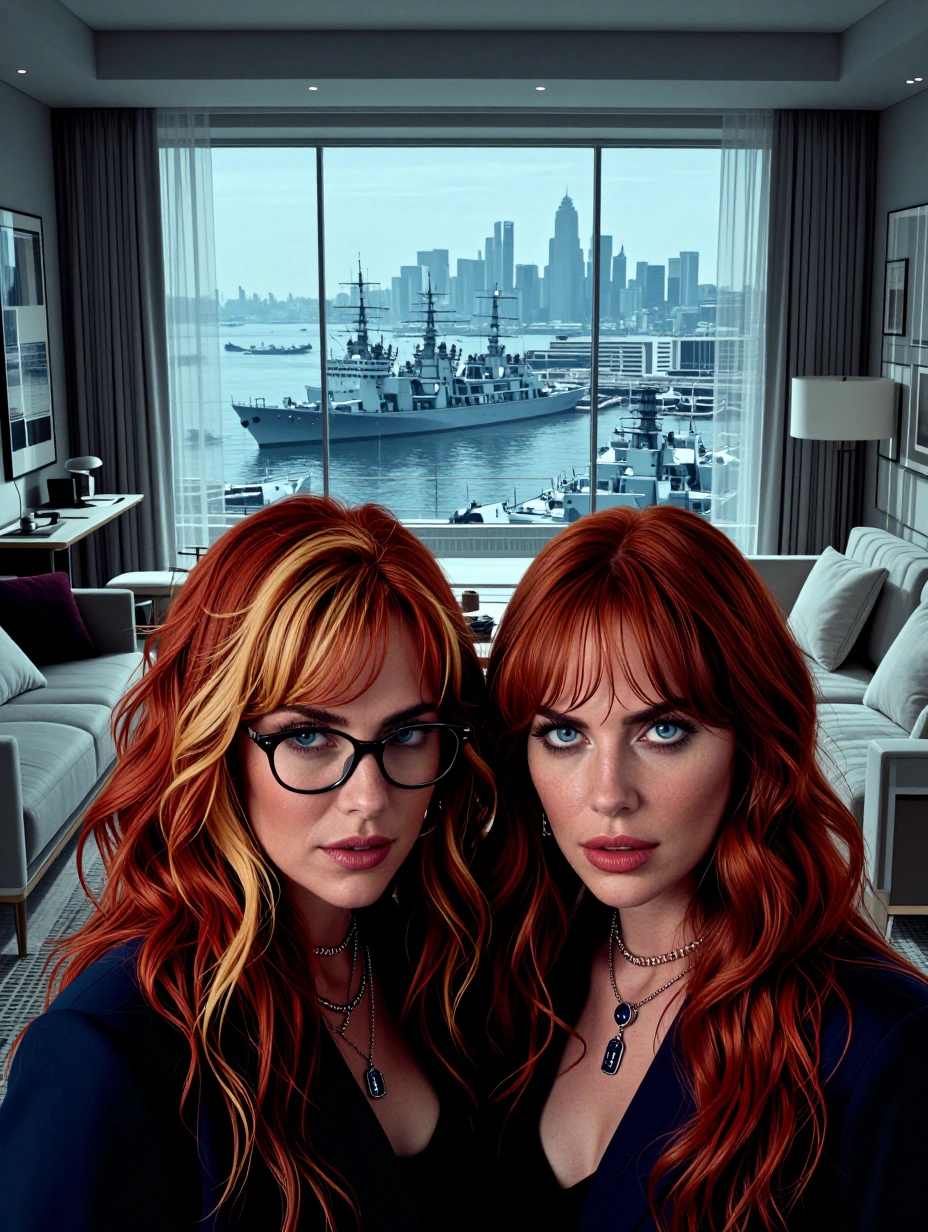 Medium close up of a pair of Glamourous Sisters in their mid-thirties, inside a palatial modern apartment overlooking a great city. Warships anchor in the harbour. The furnishings are in fluffy white and austere navy blue. The sisters have red hair w