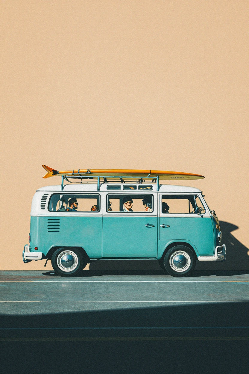 A flat painting with a limited color palette in the surrealist tradition of a 1965 Volkswagen microbus with hippies inside and surfboards on the roof