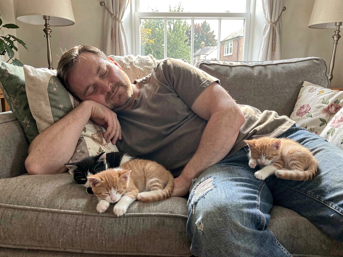 A man taking a nap on a couch in a livingroom surrounded by 4 little kittens also sleeping on the couch next to the man