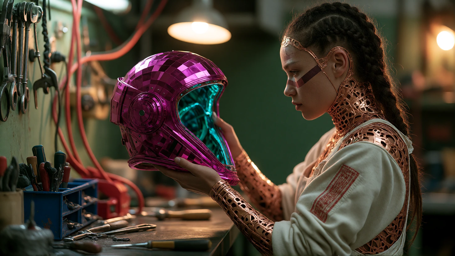 Detailed workshop photograph of a mechanic lifting a faceted magenta helmet from a steel workbench, revealing braided hair and copper facial markings. She holds the helmet at chest height while studying its turquoise interior. Blue tools, green wall 