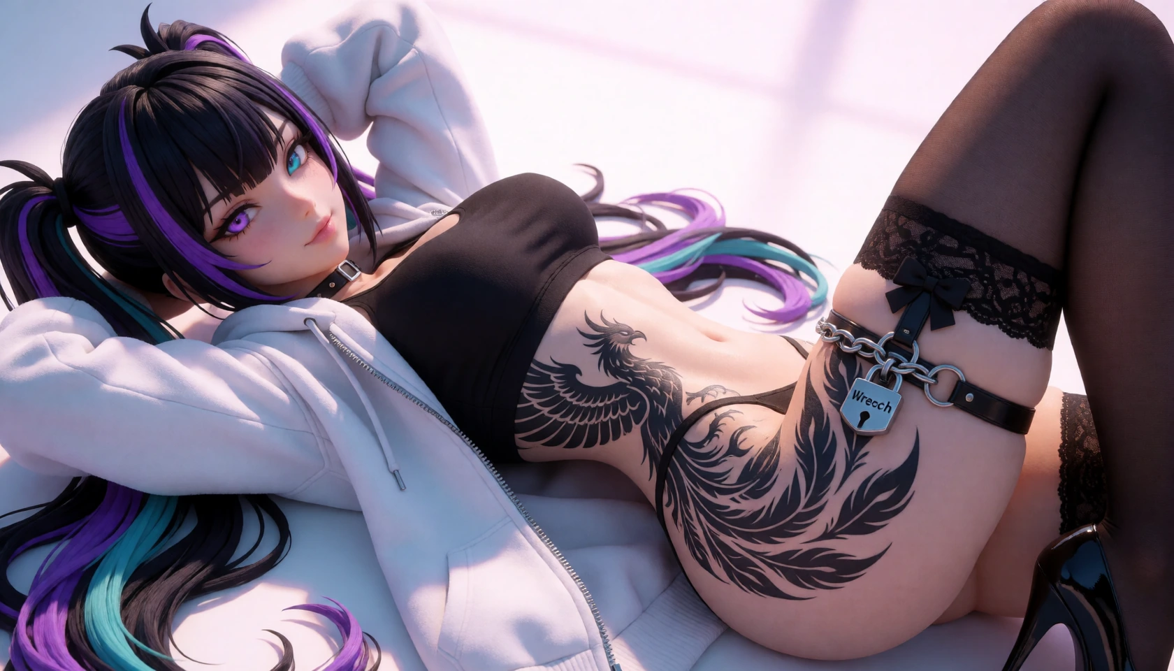 Masterpiece, best quality, ultra-detailed 8K cinematic anime render, Rory Phoenix lying on her back with both arms raised behind her head. Soft seductive expression looking toward the viewer. Long black hair with bold purple and teal streaks styled i
