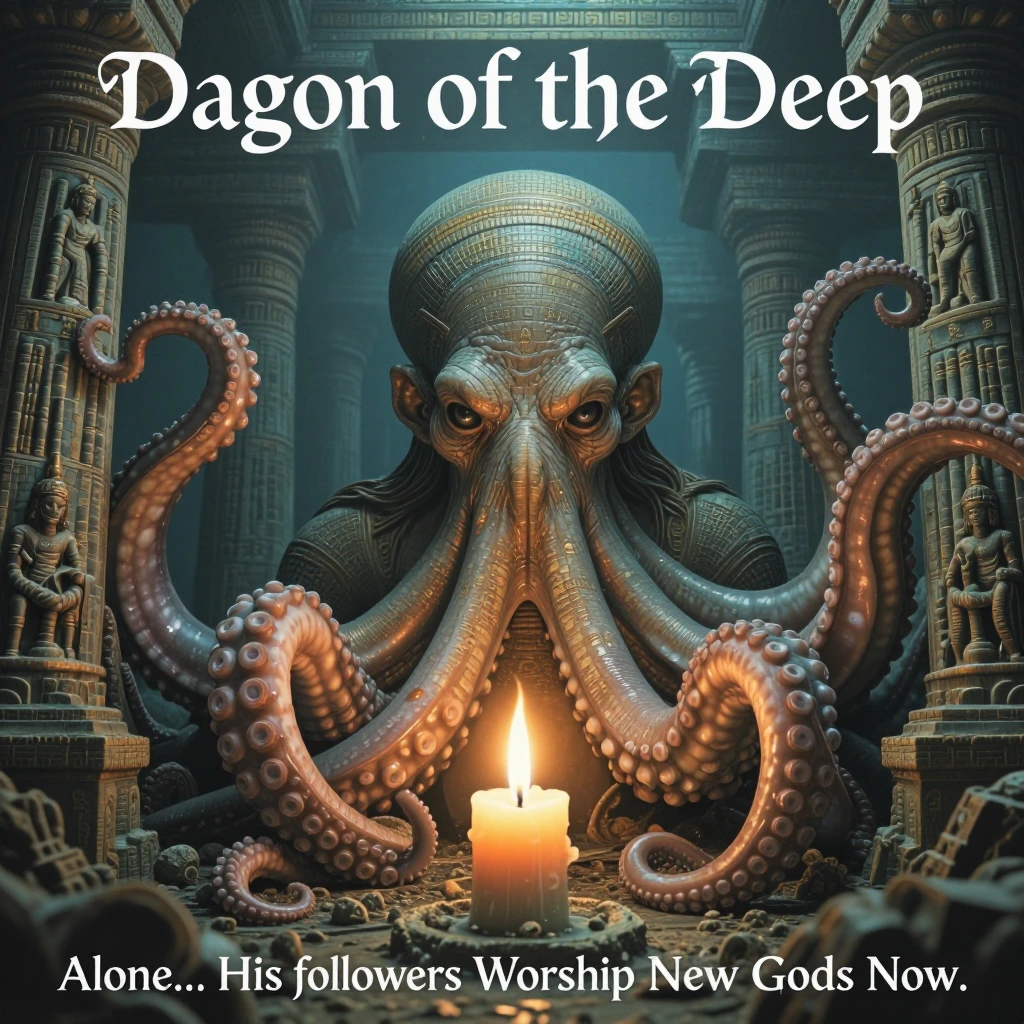 a candle burning underwater in the Temple of Dagon of the Deep; where the forlorn Elder God (Gargantuan Octopus-Humanoid) wallows in misery at being abandoned by his worshippers who now favour New Gods... Title at the top "Dagon of the Deep" Tagline 