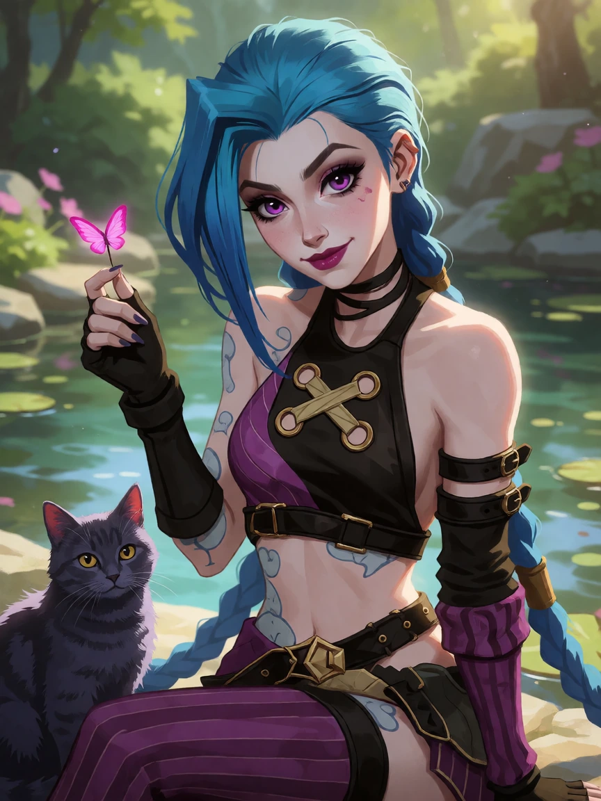 Beautiful glamorous Jinx with her cat by a pond, honeycore style