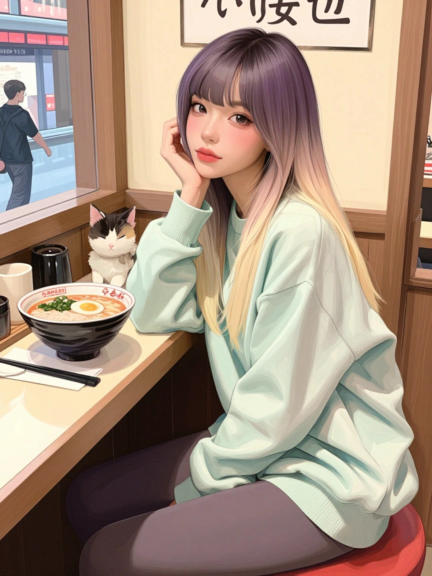 A beautiful woman with long straight ombre hair in springtime colors, at a ramen cafe with a cat, watercolor manga style, beautiful pose. Oversized sweater and leggings.