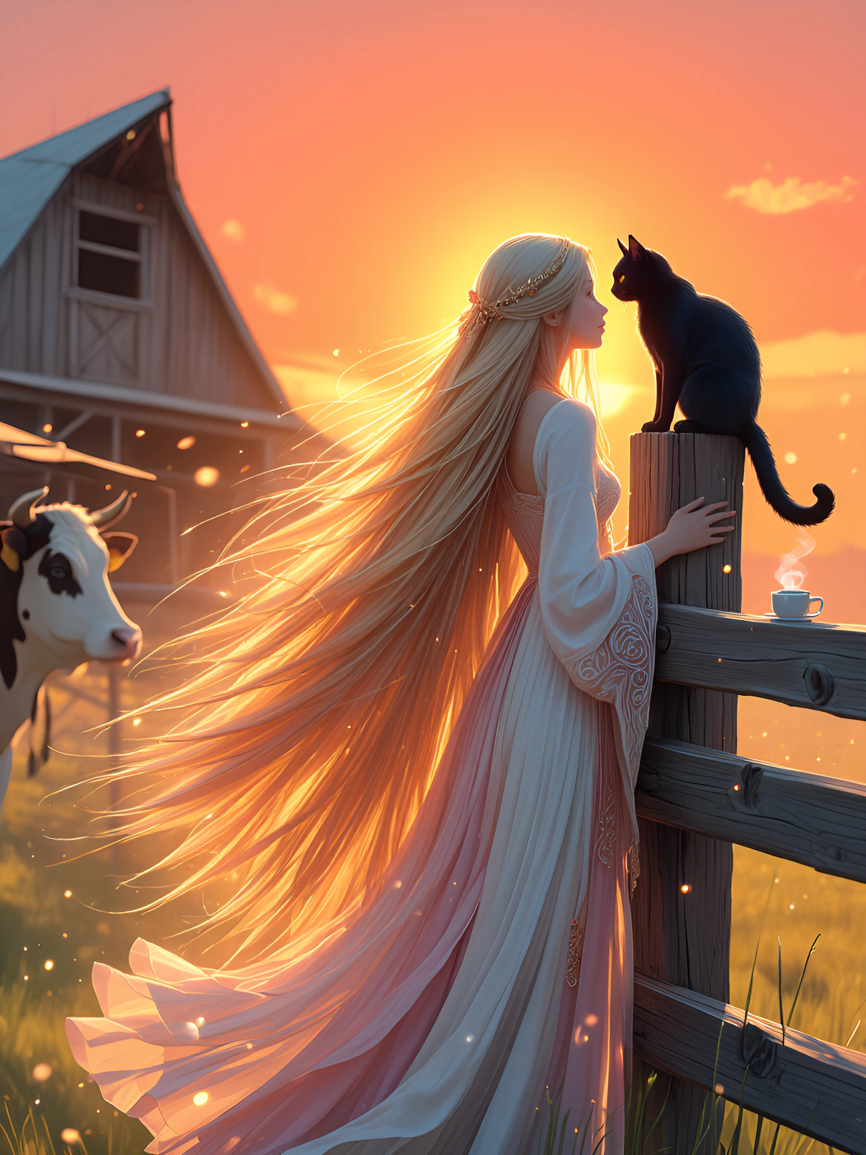 A woman with long, flowing hair that shimmers like a sunrise—warm golds, oranges, and soft pinks blending through the strands with a luminous glow. Sh
