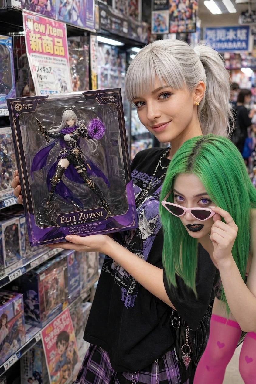 make the girl in pink stockings and green hair photo bomb into the picture of the girl holding the box