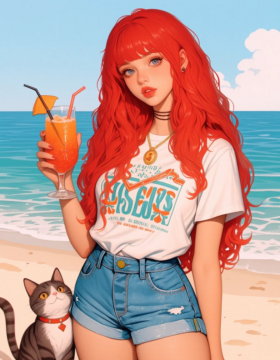 soft illustration of a woman at the beach with a fancy drink and a cat, with bright red hair, wearing Jean shorts and a tshirt highly stylized