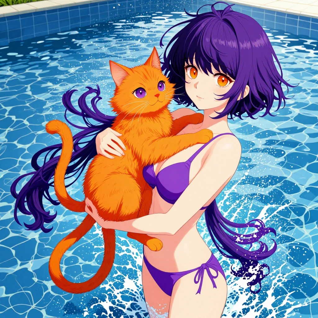Anime woman with purple hair in a purple two-piece bathing suit standing by a swimming pool, holding or next to a vibrant warm orange cat, the girl has orange eyes and the cat has purple eyes, its a bright sunny day, detailed anime illustration style