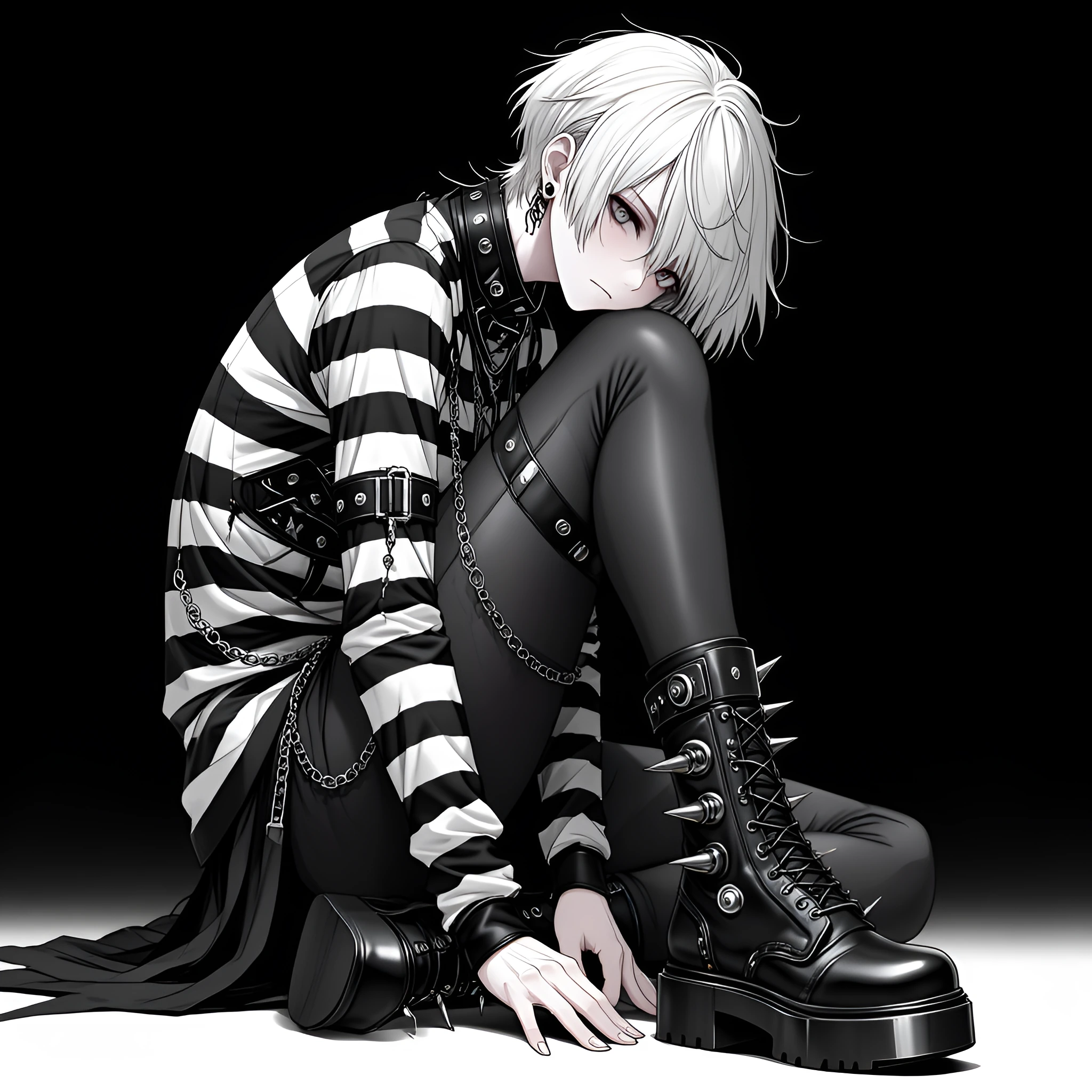 # Gothic Anime Character A pale-skinned anime character with platinum blonde hair sits against a stark black background. Their short, tousled hair fra