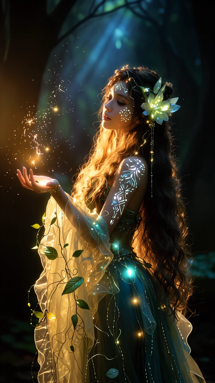 Forest spirit with long dark hair adorned with bioluminescent flowers, skin marked with glowing geometric patterns, wearing a dress of translucent lea