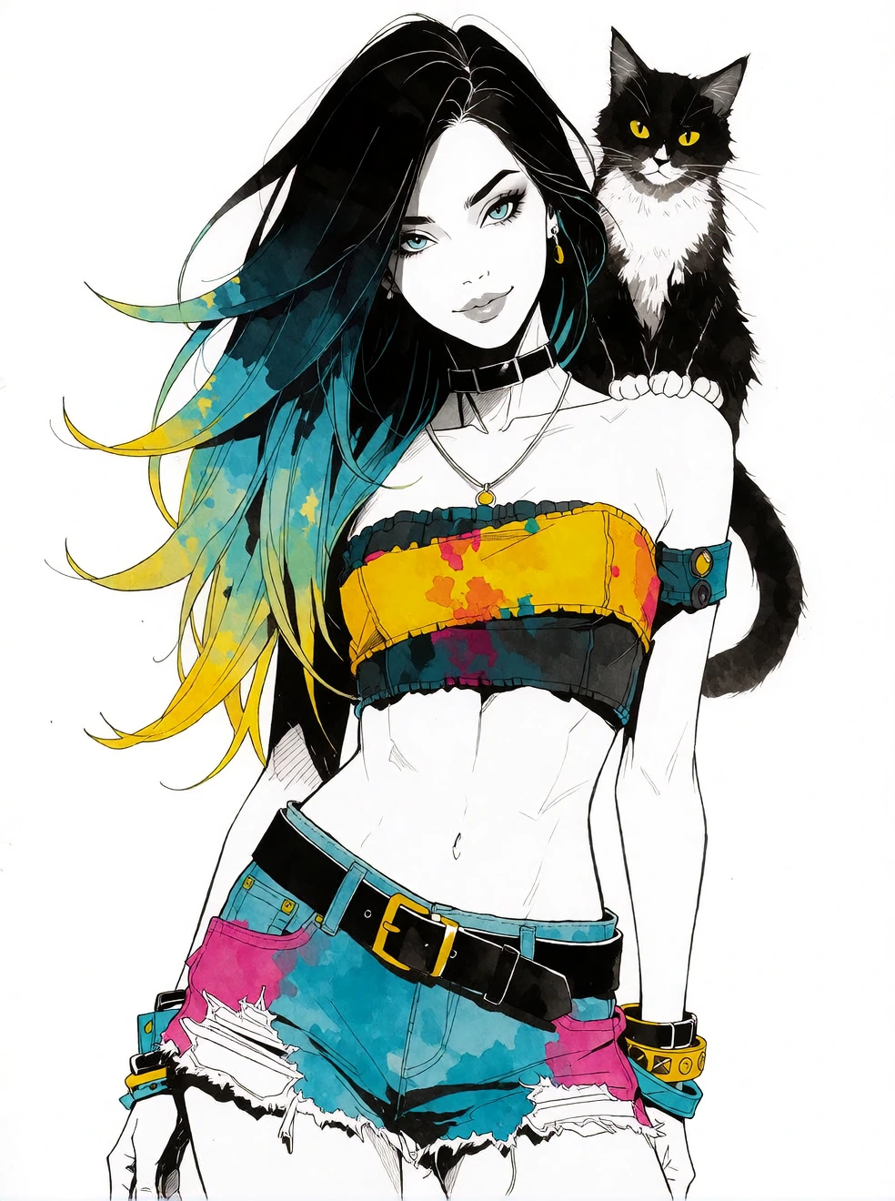 Beautiful woman black aqua yellow ombre hair, cat on shoulder, aqua black pink jean cutoffs and yellow black tube top, India ink