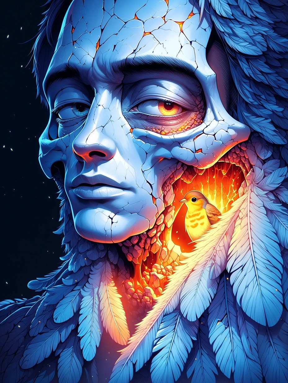 zidiusReal,(hauntingly realistic melancholic close-up portrait:1.1),(man with cold pale cracked skin like fractured stone),(face fills frame highlight