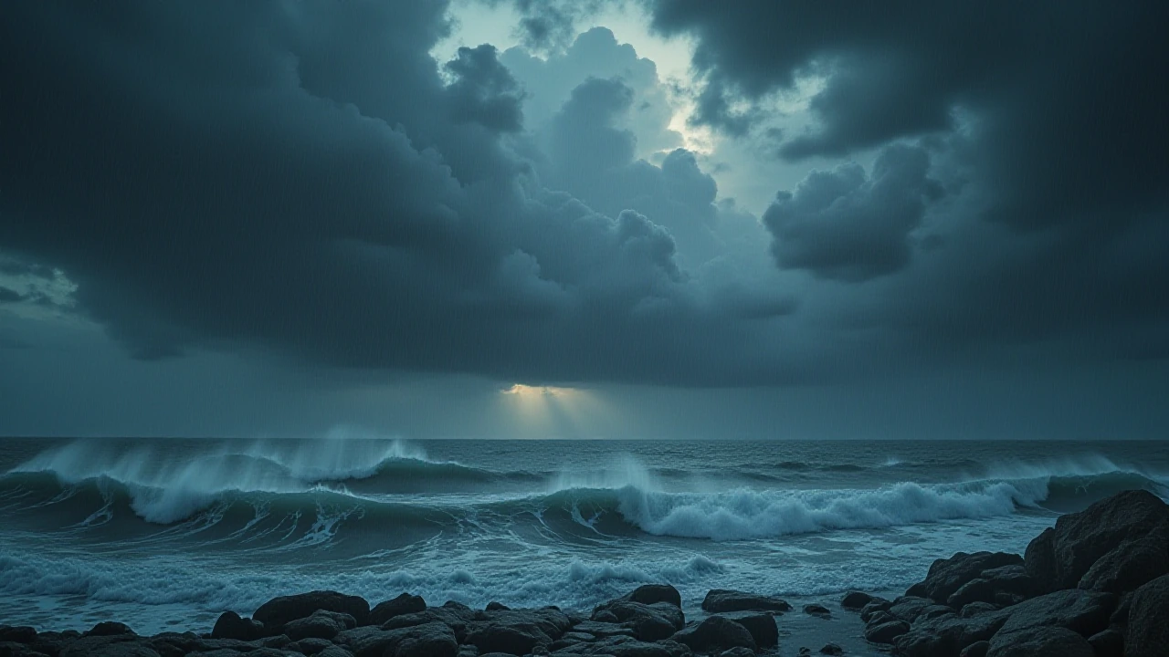 Cinematic moody atmospheric wide landscape, massive stormy sea with huge crashing waves and dark storm clouds during heavy rain and fog, dramatic blue