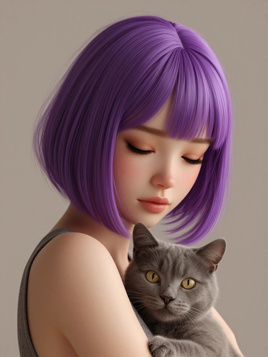 Purple woman bob hair with her cats, 3d