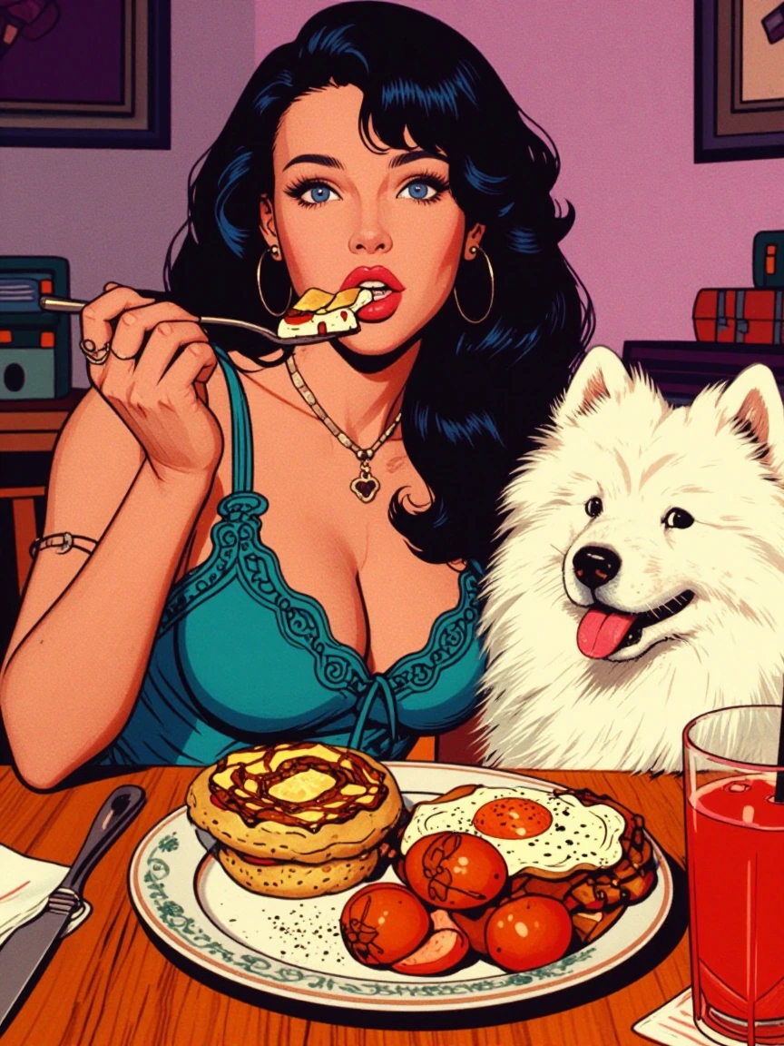 Beautiful breakfast with a woman space hair and her white Samoyed. Pop art style.