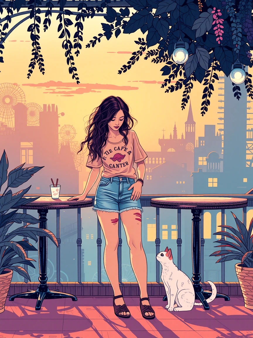 Realistic flat ink illustration, beautiful woman pastel Jean, cutoffs, and T-shirt and a café in the morning. With her cat. Sunrise.