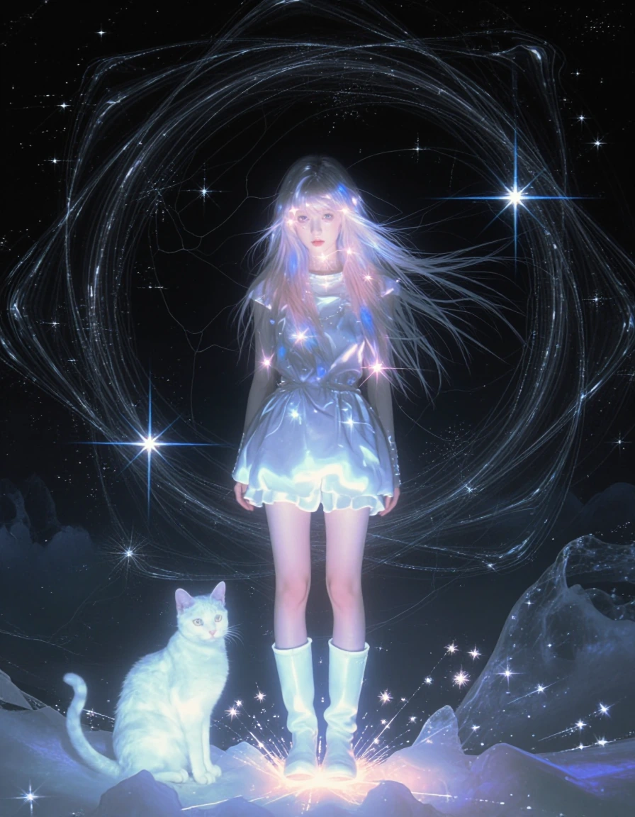Beautiful woman slightly luminous hair, miniskirt and boots, with cat, bright eyes