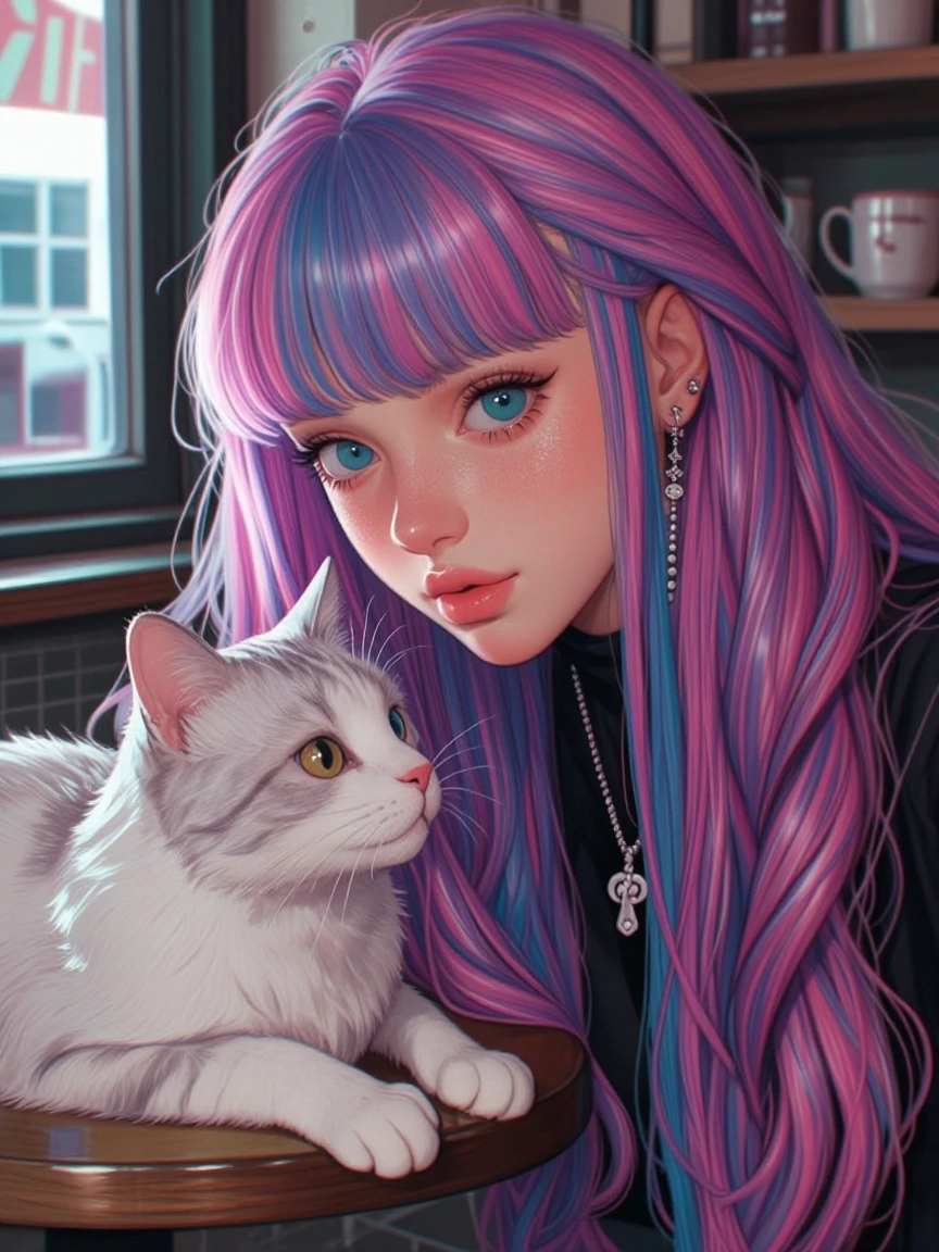 Beautiful woman and a cat at a café, dreamy surreal atmosphere, futuristic angled hairstyle and multicolored hair color, photography and anime mixture