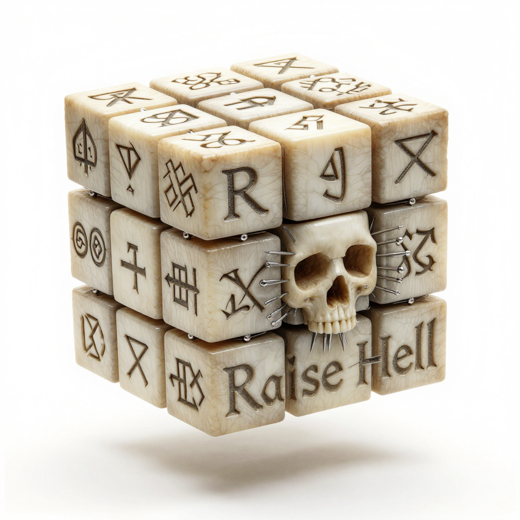 (No humans) Floating on a White Background, An intricate solid Cube sliding puzzle carved from bone engraved with arcane symbols, one of the symbols i